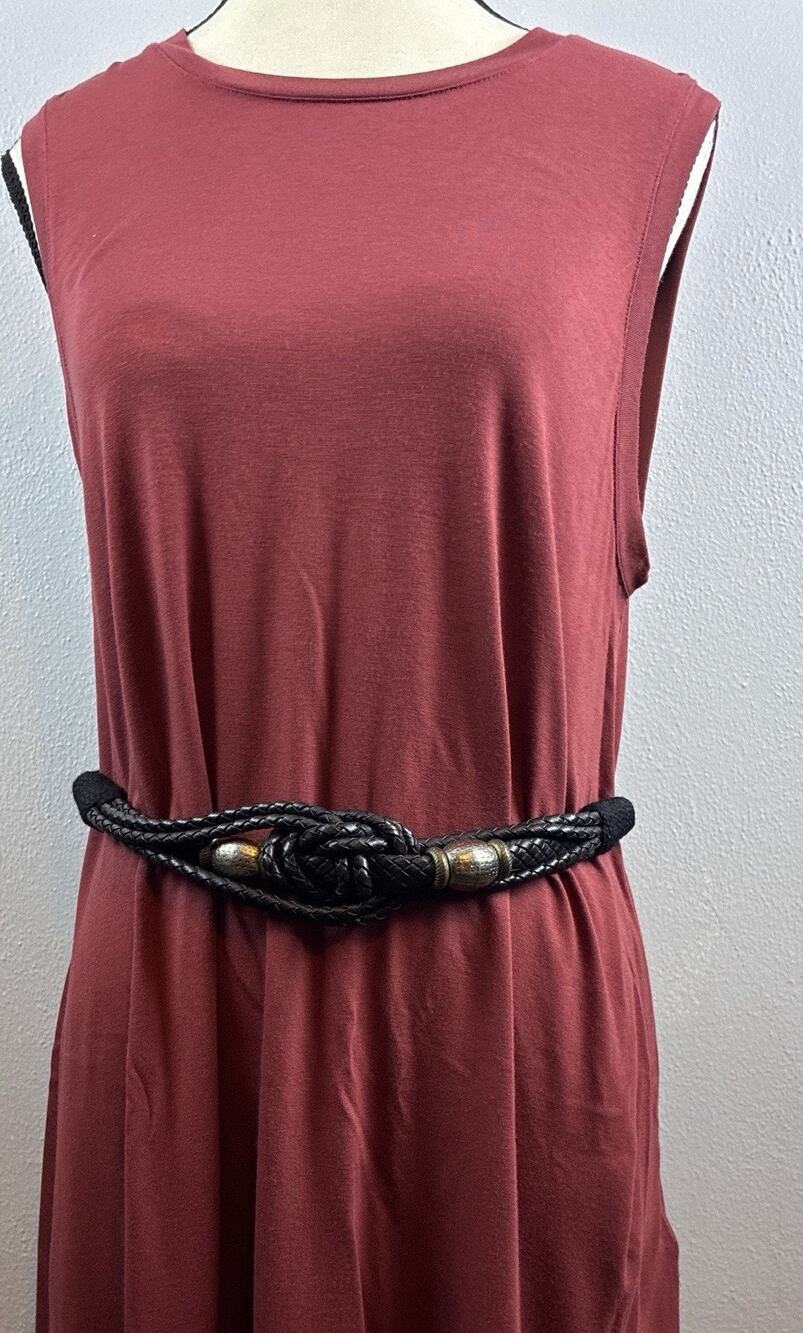 Womens Black Leather Braided Silver Hammered Beads Knot Stretch Back hook Belt